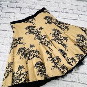 Anthropologie Odille Iconic Horse Print Skirt Womens Size 8 Tan Black Pleated